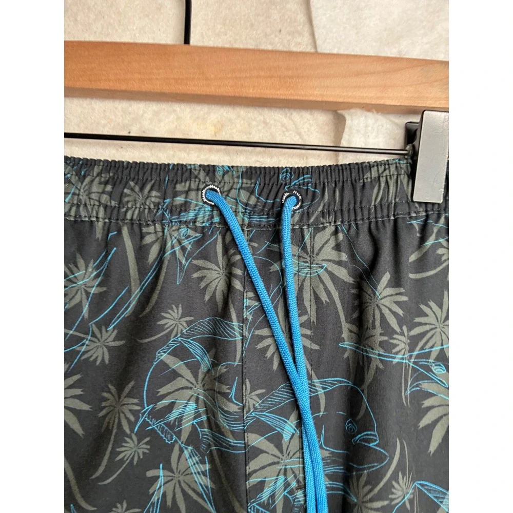 Huk Performance Fishing Shorts Mens Large Black Teal Tropical Palm Fish Print
